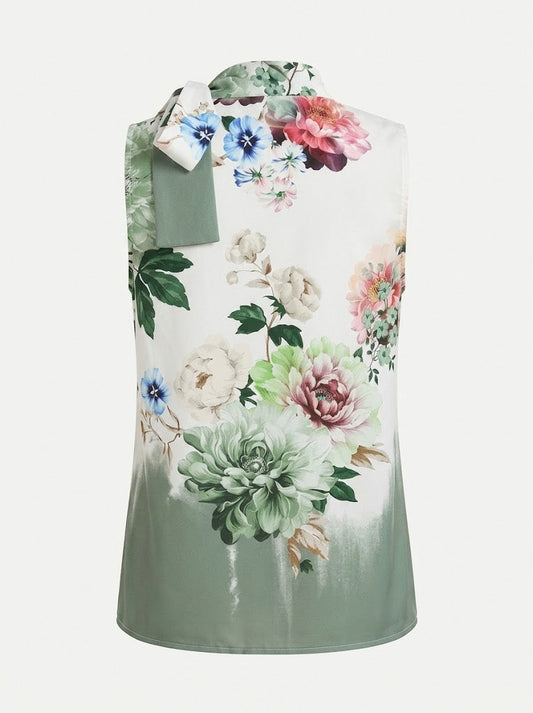 Women’s Printed Scarf-Neck Blouse – Sleeveless Summer Top for Smart Casual Wear