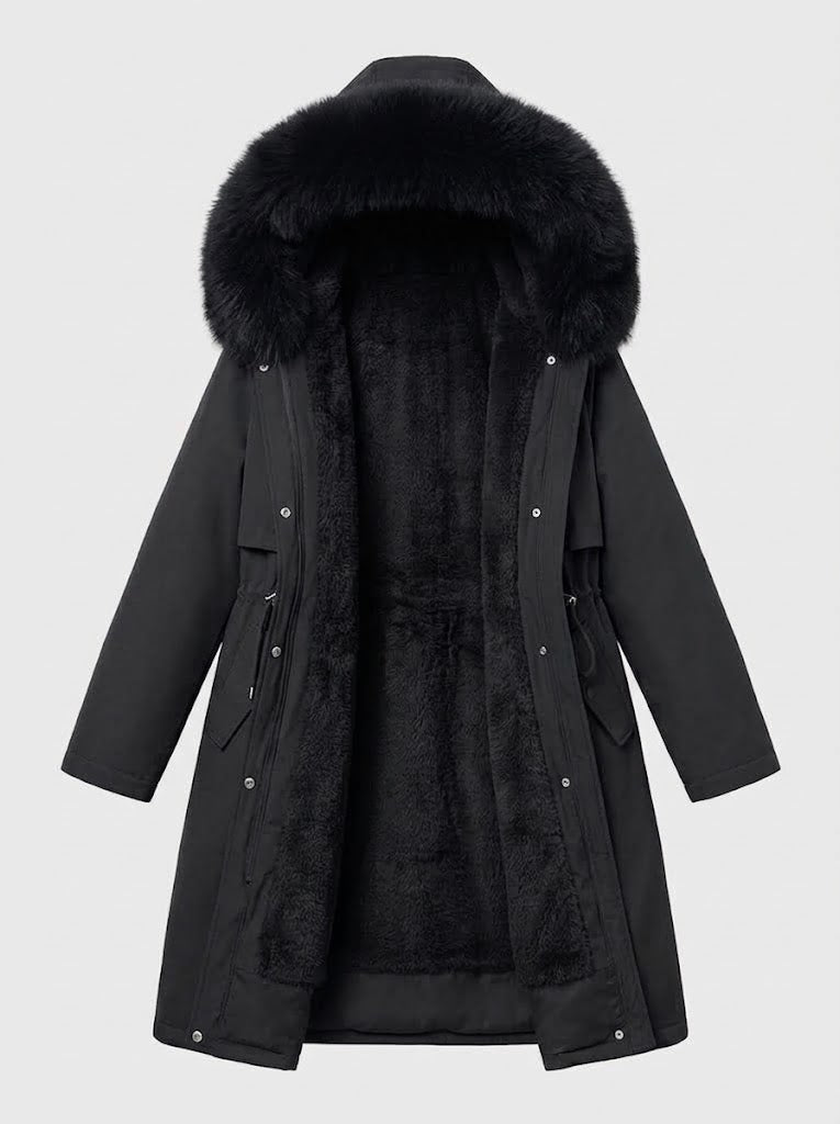 Women’s Longline Hooded Winter Coat – Plush Lined Layer with Faux Fur Trim