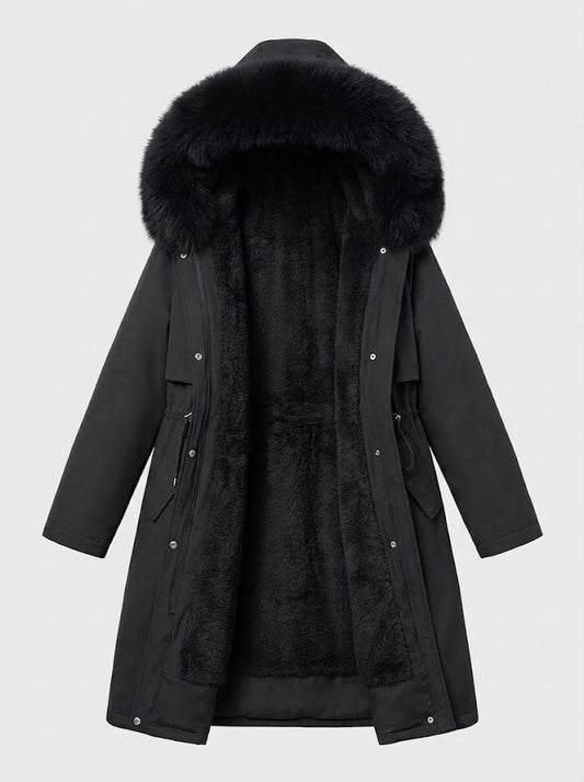 Women’s Longline Hooded Winter Coat – Plush Lined Layer with Faux Fur Trim