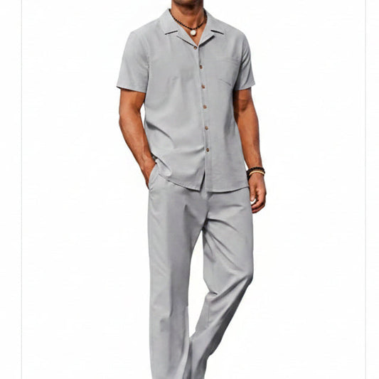 Men’s Short-Sleeve Linen Outfit Set – Relaxed Shirt and Trousers for Summer Wear