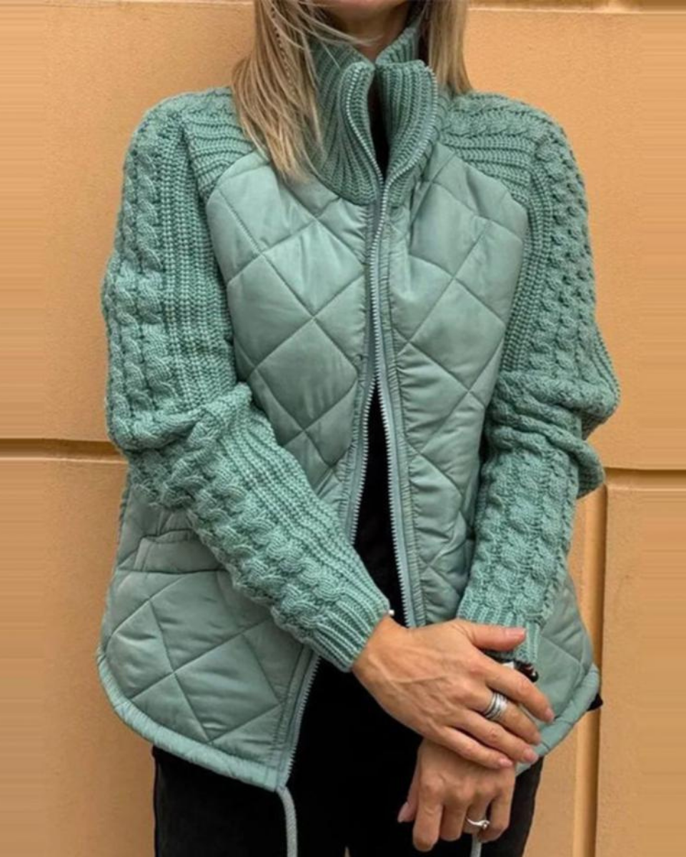 Women’s Quilted Jacket – Diamond-Quilted Jacket with Cable-Knit Sleeves