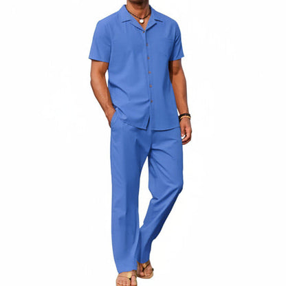 Men’s Short-Sleeve Linen Outfit Set – Relaxed Shirt and Trousers for Summer Wear