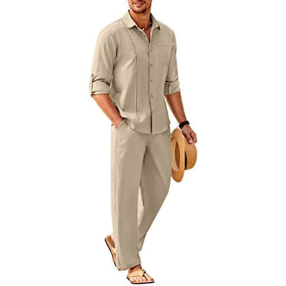 Men’s Long-Sleeve Linen Outfit Set – Relaxed Shirt and Trousers for Summer Wear