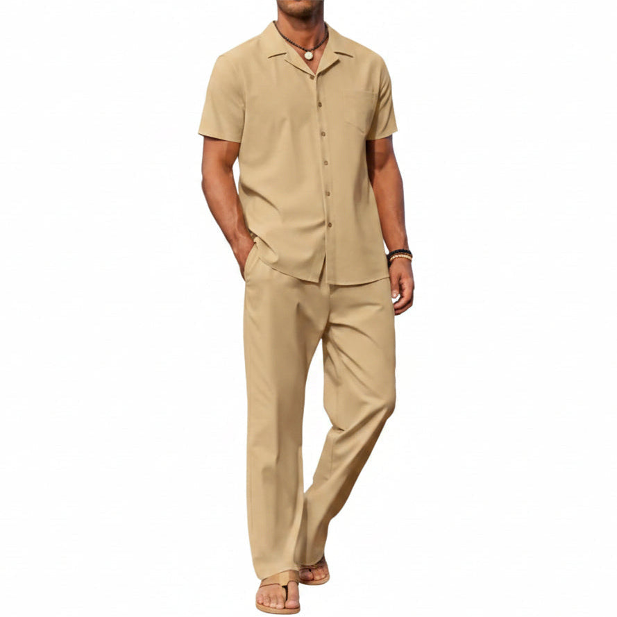 Men’s Short-Sleeve Linen Outfit Set – Relaxed Shirt and Trousers for Summer Wear