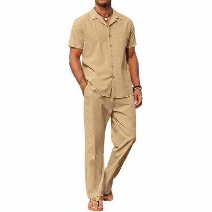 Men’s Short-Sleeve Linen Outfit Set – Relaxed Shirt and Trousers for Summer Wear