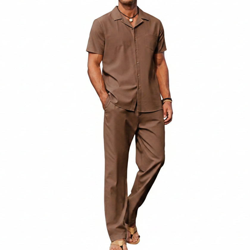 Men’s Short-Sleeve Linen Outfit Set – Relaxed Shirt and Trousers for Summer Wear