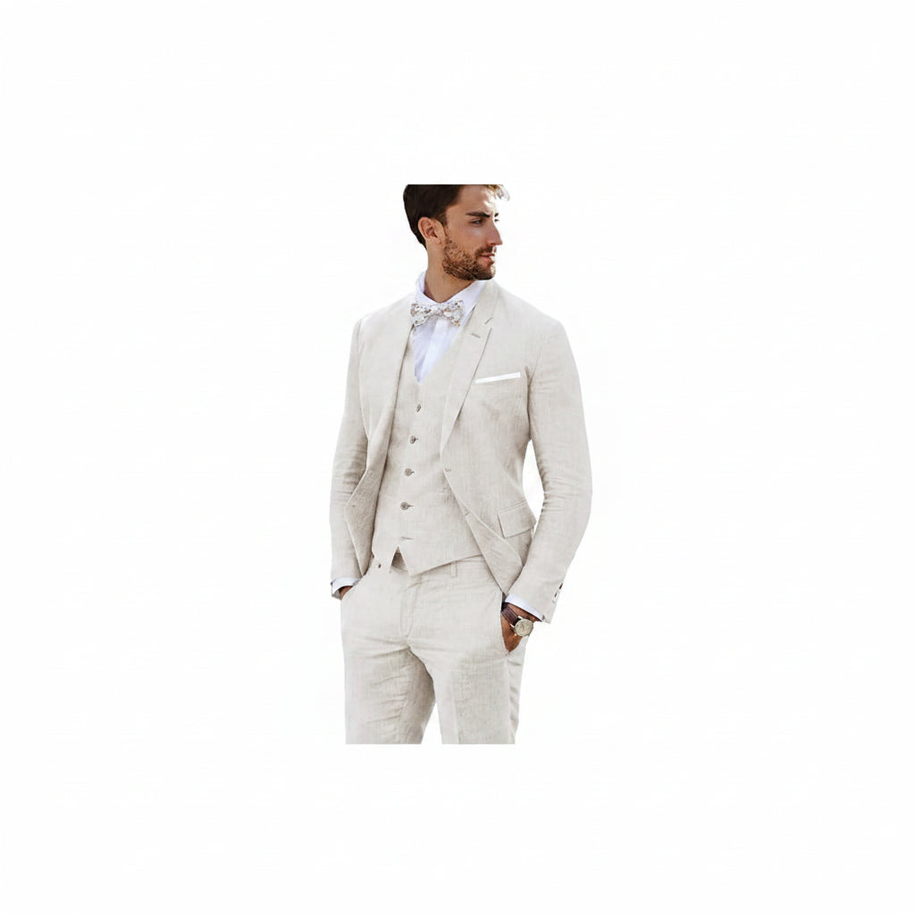 Men’s Tailored Linen Suit Set – Slim Three-Piece Style for Weddings and Formal Events