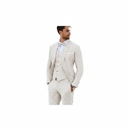 Men’s Tailored Linen Suit Set – Slim Three-Piece Style for Weddings and Formal Events