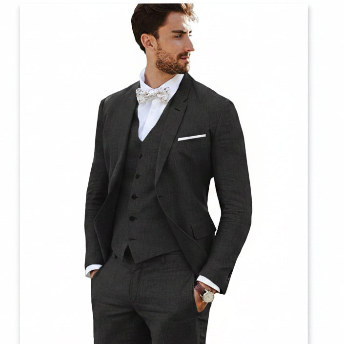 Men’s Tailored Linen Suit Set – Slim Three-Piece Style for Weddings and Formal Events