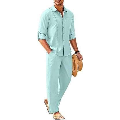 Men’s Long-Sleeve Linen Outfit Set – Relaxed Shirt and Trousers for Summer Wear