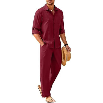 Men’s Long-Sleeve Linen Outfit Set – Relaxed Shirt and Trousers for Summer Wear