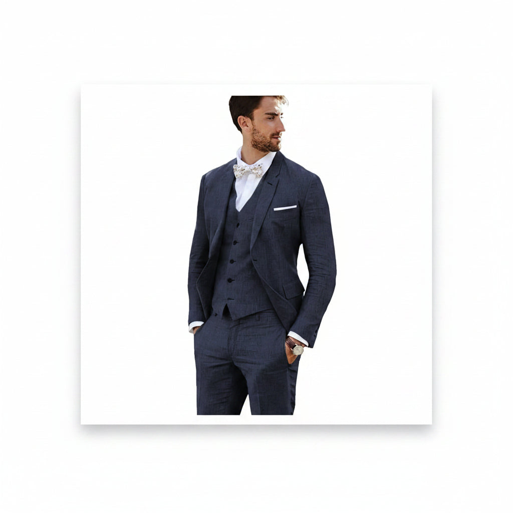 Men’s Tailored Linen Suit Set – Slim Three-Piece Style for Weddings and Formal Events
