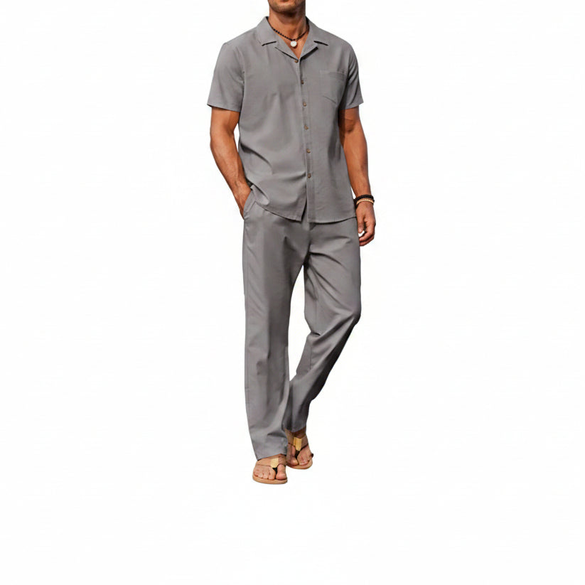 Men’s Short-Sleeve Linen Outfit Set – Relaxed Shirt and Trousers for Summer Wear