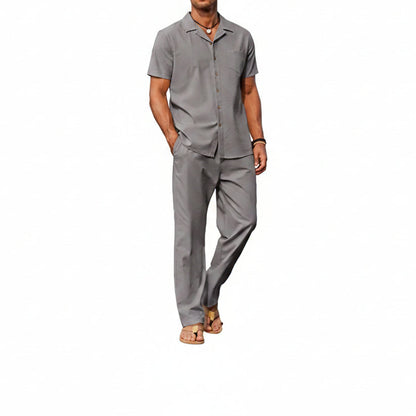 Men’s Short-Sleeve Linen Outfit Set – Relaxed Shirt and Trousers for Summer Wear