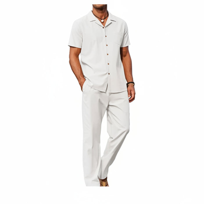 Men’s Short-Sleeve Linen Outfit Set – Relaxed Shirt and Trousers for Summer Wear