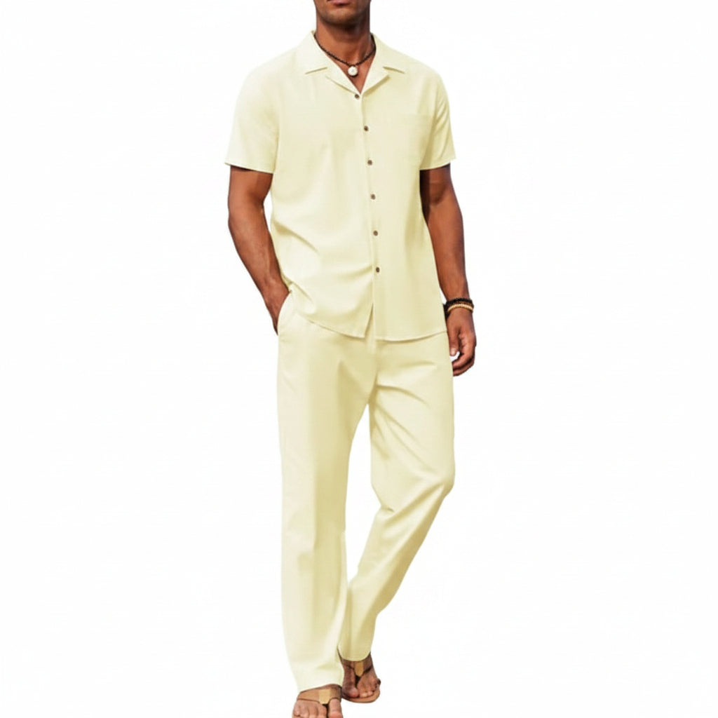 Men’s Short-Sleeve Linen Outfit Set – Relaxed Shirt and Trousers for Summer Wear