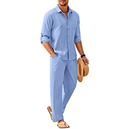 Men’s Long-Sleeve Linen Outfit Set – Relaxed Shirt and Trousers for Summer Wear