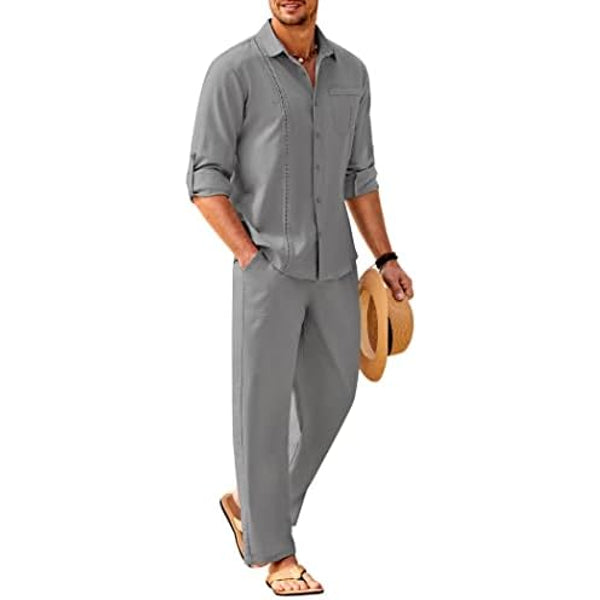Men’s Long-Sleeve Linen Outfit Set – Relaxed Shirt and Trousers for Summer Wear