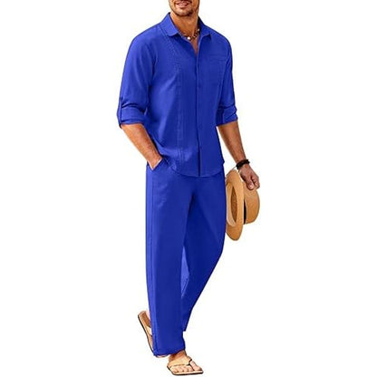 Men’s Long-Sleeve Linen Outfit Set – Relaxed Shirt and Trousers for Summer Wear