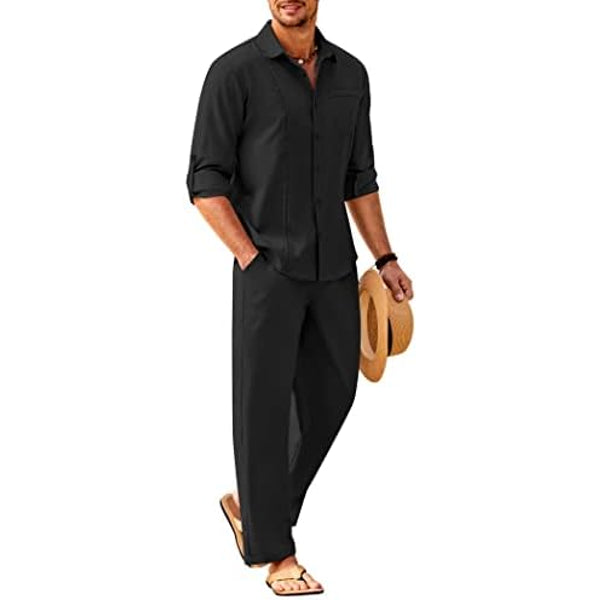 Men’s Long-Sleeve Linen Outfit Set – Relaxed Shirt and Trousers for Summer Wear