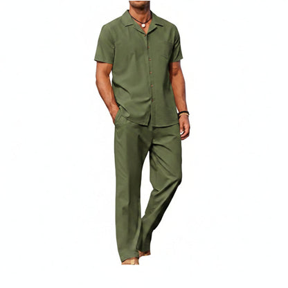 Men’s Short-Sleeve Linen Outfit Set – Relaxed Shirt and Trousers for Summer Wear