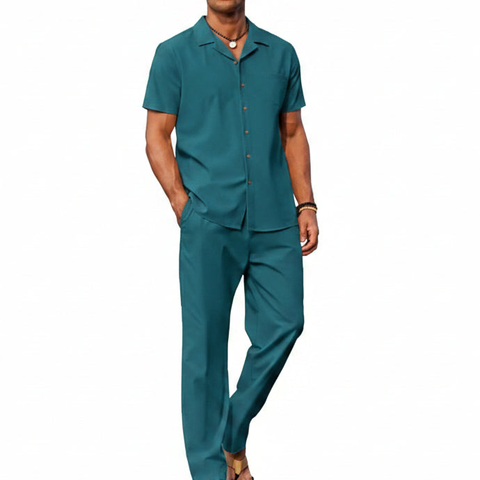 Men’s Short-Sleeve Linen Outfit Set – Relaxed Shirt and Trousers for Summer Wear