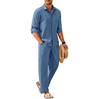 Men’s Long-Sleeve Linen Outfit Set – Relaxed Shirt and Trousers for Summer Wear