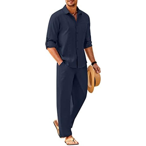 Men’s Long-Sleeve Linen Outfit Set – Relaxed Shirt and Trousers for Summer Wear