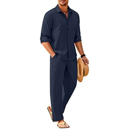 Men’s Long-Sleeve Linen Outfit Set – Relaxed Shirt and Trousers for Summer Wear