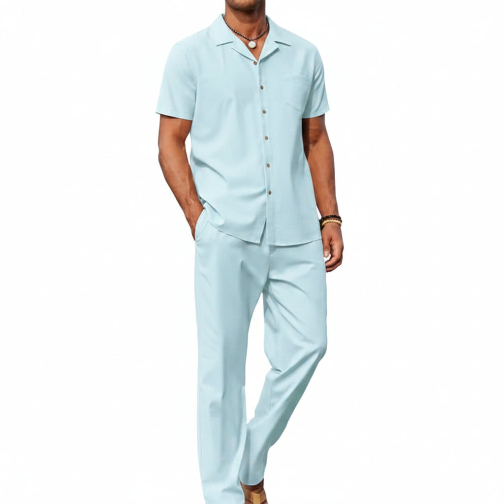 Men’s Short-Sleeve Linen Outfit Set – Relaxed Shirt and Trousers for Summer Wear