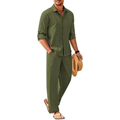 Men’s Long-Sleeve Linen Outfit Set – Relaxed Shirt and Trousers for Summer Wear