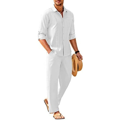 Men’s Long-Sleeve Linen Outfit Set – Relaxed Shirt and Trousers for Summer Wear