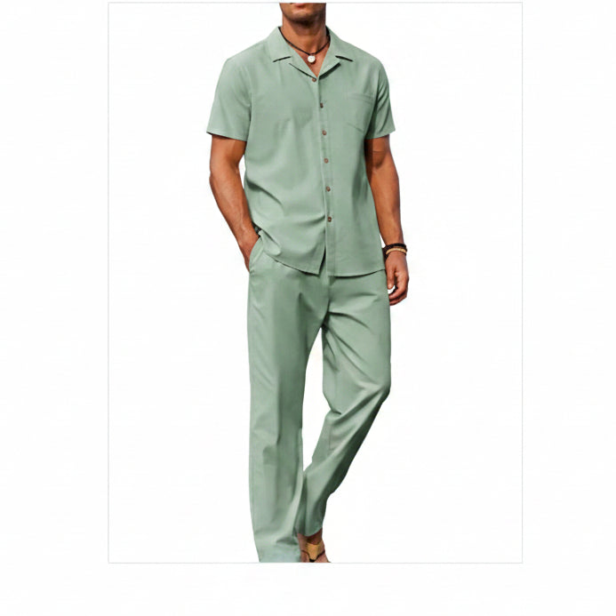 Men’s Short-Sleeve Linen Outfit Set – Relaxed Shirt and Trousers for Summer Wear