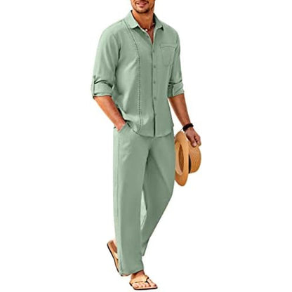 Men’s Long-Sleeve Linen Outfit Set – Relaxed Shirt and Trousers for Summer Wear