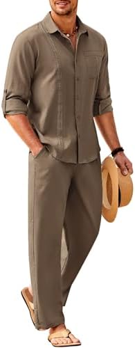 Men’s Long-Sleeve Linen Outfit Set – Relaxed Shirt and Trousers for Summer Wear