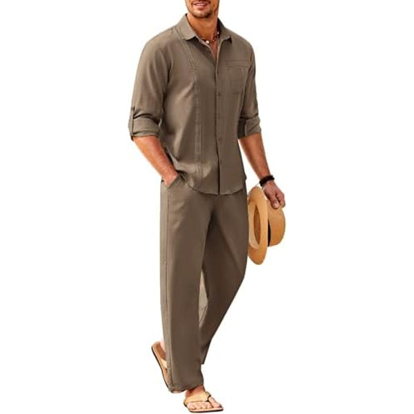 Men’s Long-Sleeve Linen Outfit Set – Relaxed Shirt and Trousers for Summer Wear