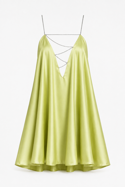 Women’s Satin A-Line Mini Dress – Chain-Strap Evening Style for Parties and Events