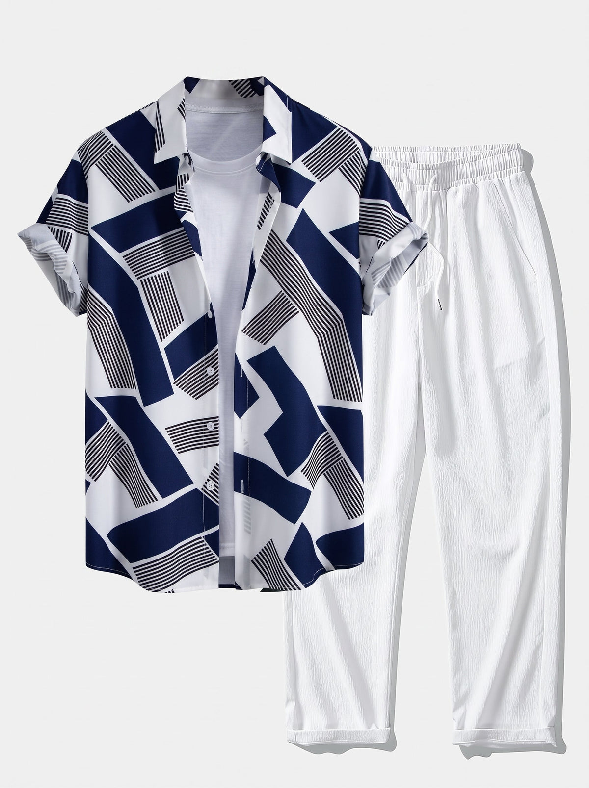 Men’s Printed Shirt Co-Ord – Crinkle Straight-Leg Trousers for Weekend Travel