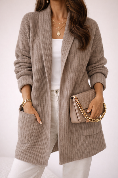 Women’s Oversized Cardigan – Ribbed Shawl-Collar Cardigan with Pockets