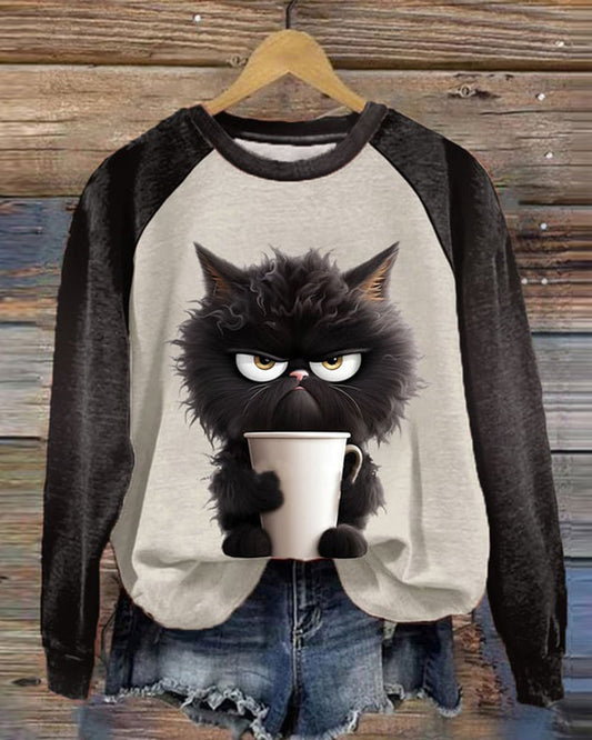 Women’s Grumpy Cat Coffee Graphic Sweatshirt – Relaxed Raglan Pullover for Casual Autumn Wear