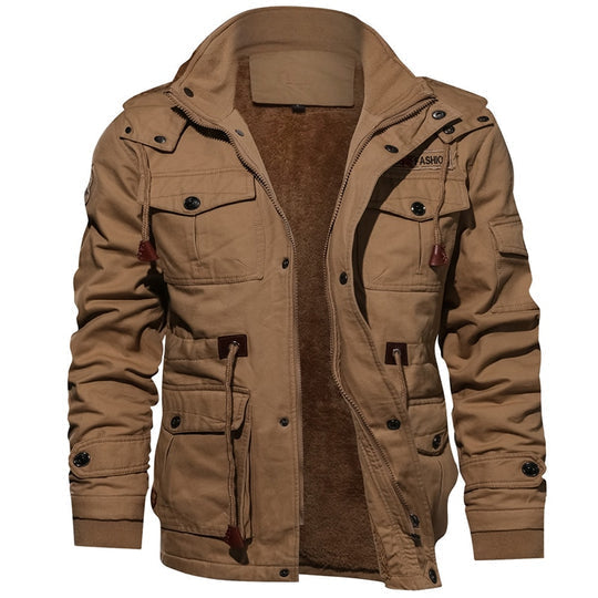 Men’s Fleece-Lined Utility Winter Jacket – Detachable-Hood Multi-Pocket Outerwear for Everyday and Outdoor Cold-Weather Wear