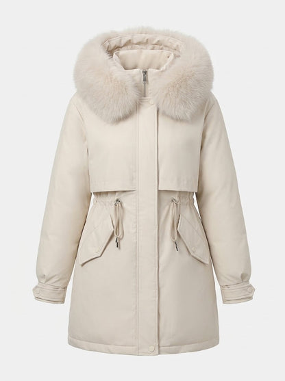 Women’s Faux-Fur Hooded Parka – Drawstring-Waist Winter Coat for Cold Weather