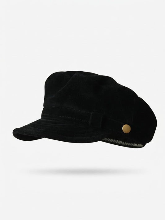 Women’s Suede Baker Boy Cap – Vintage Marine-Style Flat-Brim Winter Newsboy Hat with Decorative Button