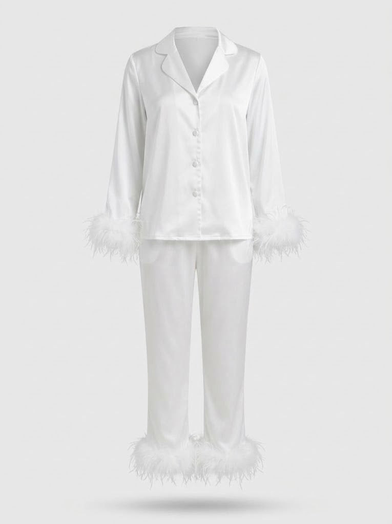 Women’s Feather-Trim Trouser Co-Ord Set – Cropped Tie-Front Top with Straight-Leg Trousers for Evening Wear