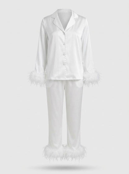 Women’s Feather-Trim Trouser Co-Ord Set – Cropped Tie-Front Top with Straight-Leg Trousers for Evening Wear