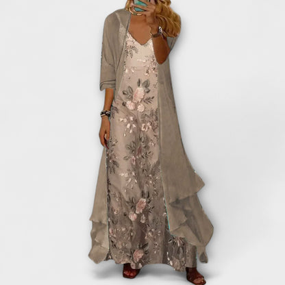Women’s Printed Layered Maxi Dress – Flowing V-Neck Occasion Style for Summer Events