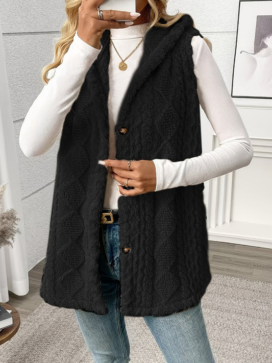 Women’s Long Knitted Waistcoat – Hooded with Button Front