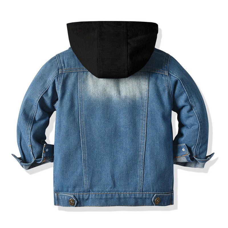 Men’s Layered Hooded Denim Jacket – Button-Front Trucker Design with Zip-Up Inner Layer and Chest Pockets
