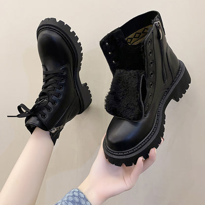 Women's Faux Fur Lined Lace-Up Chunky Chelsea Boots