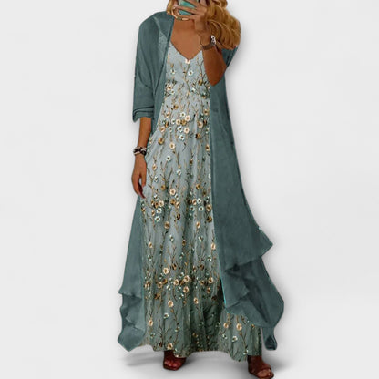 Women’s Printed Layered Maxi Dress – Flowing V-Neck Occasion Style for Summer Events